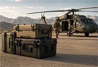 Military transport cases in front of a helicopter